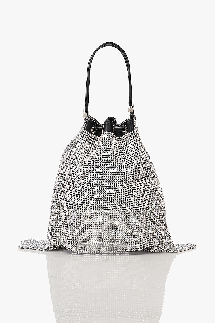 Silver Vegan Leather & Rhinestone Mesh Floral Zirconia Bucket Bag by Outhouse at Pernia's Pop Up Shop