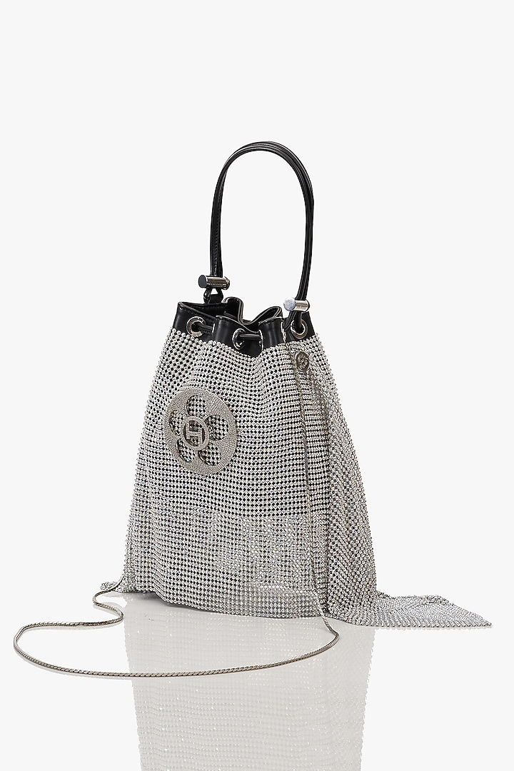 Silver Vegan Leather & Rhinestone Mesh Floral Zirconia Bucket Bag by Outhouse at Pernia's Pop Up Shop
