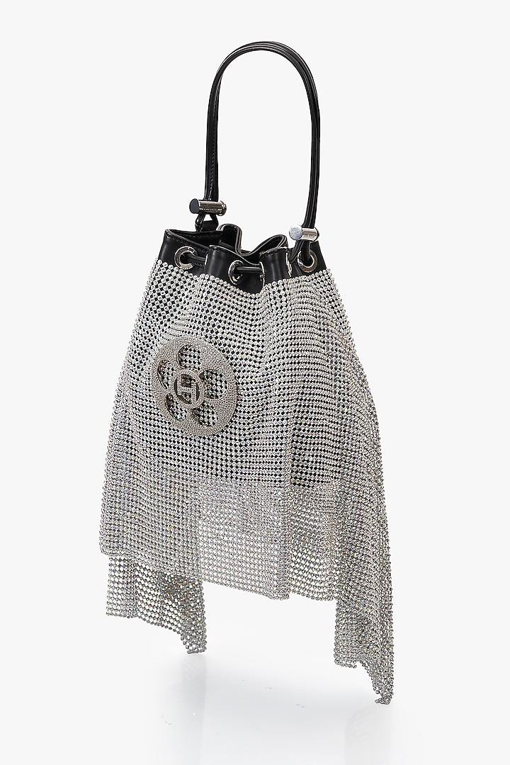 Silver Vegan Leather & Rhinestone Mesh Floral Zirconia Bucket Bag by Outhouse at Pernia's Pop Up Shop