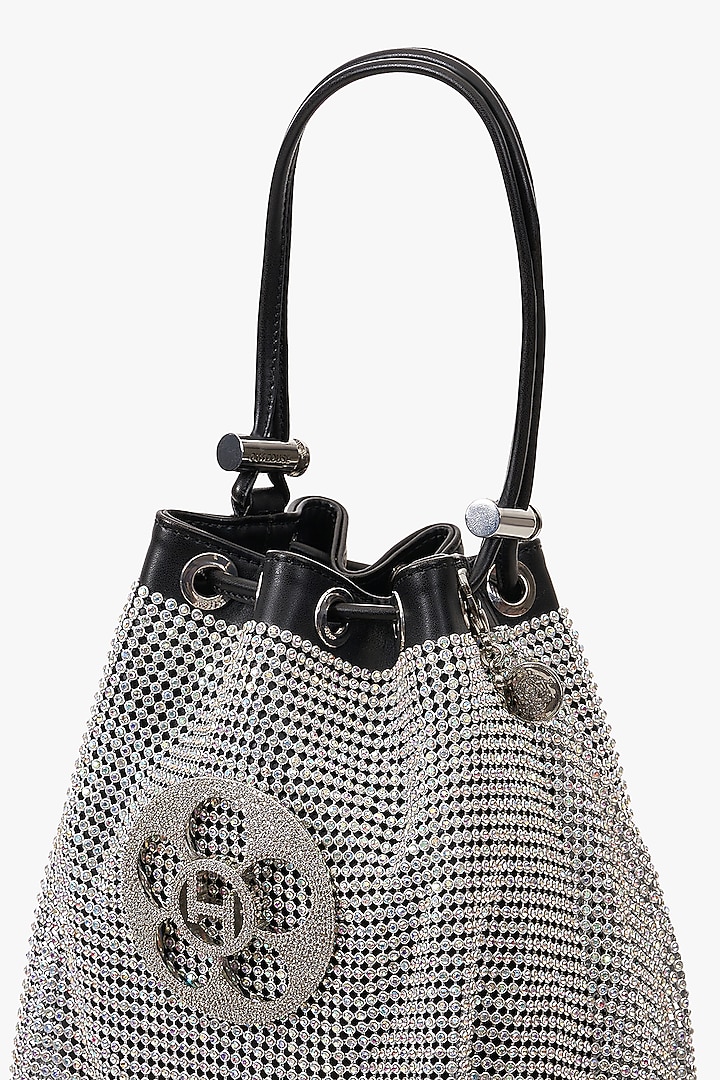 Silver Vegan Leather & Rhinestone Mesh Floral Zirconia Bucket Bag by Outhouse at Pernia's Pop Up Shop