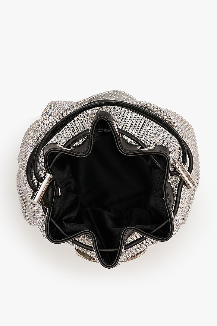 Silver Vegan Leather & Rhinestone Mesh Floral Zirconia Bucket Bag by Outhouse at Pernia's Pop Up Shop