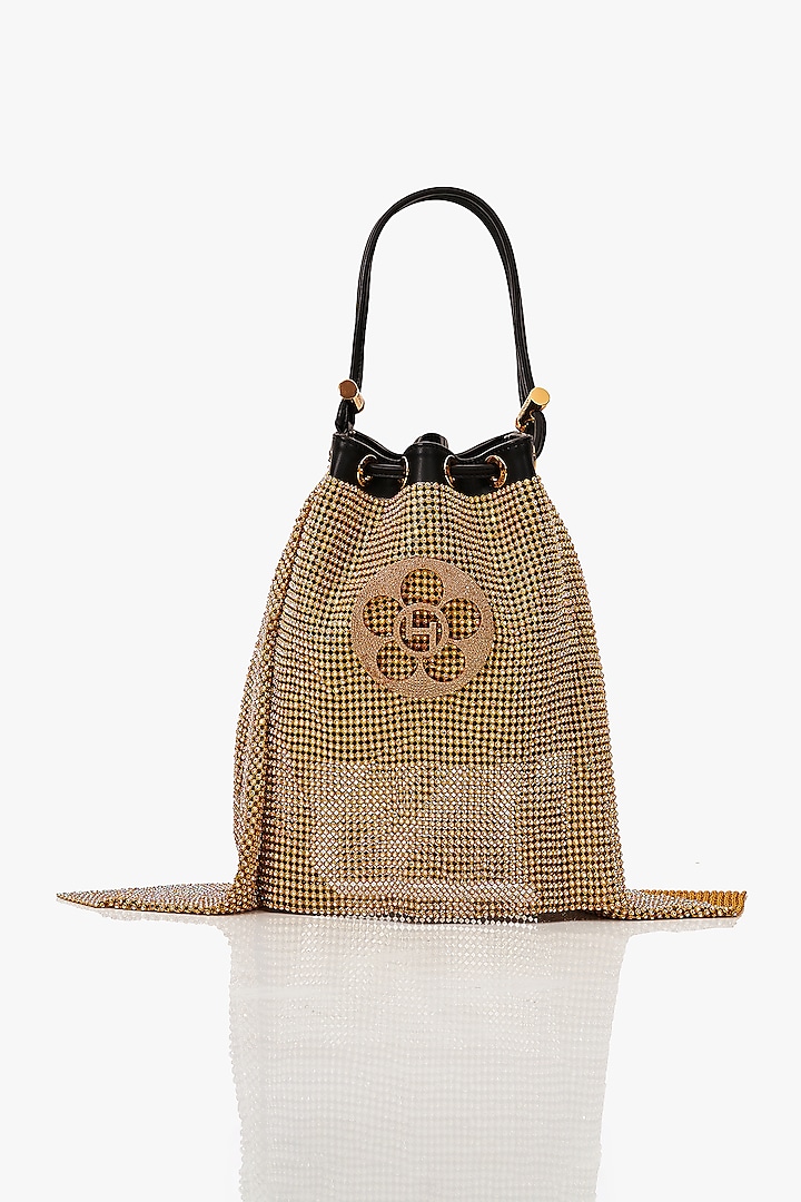 Gold Vegan Leather & Rhinestone Mesh Floral Zirconia Bucket Bag by Outhouse at Pernia's Pop Up Shop