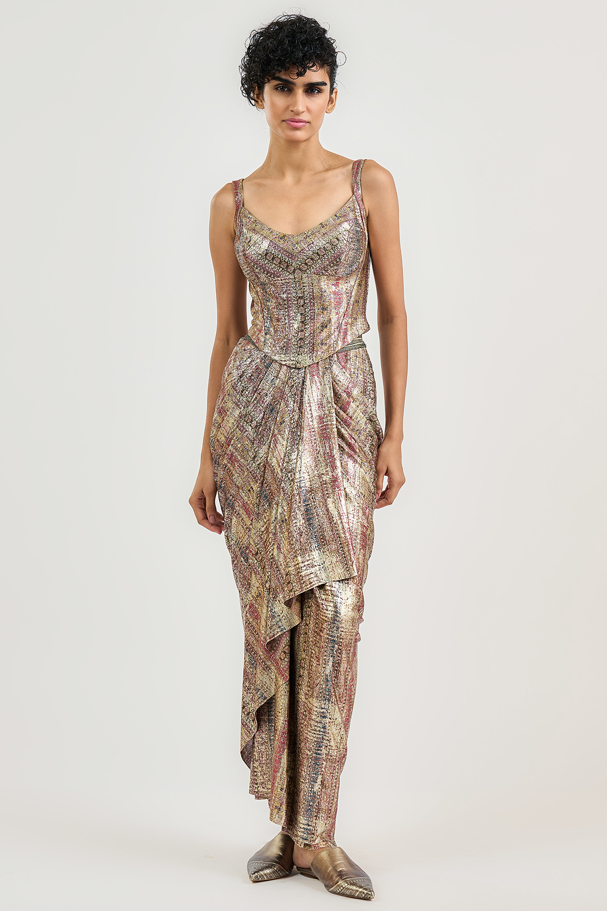 Multi-Colored Metallic Jersey Stripe Printed Draped Maxi Skirt by OTT by Tarun Tahiliani at Pernia's Pop Up Shop