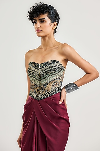 Black Viscose Jersey Jamawar Printed Corset by OTT by Tarun Tahiliani