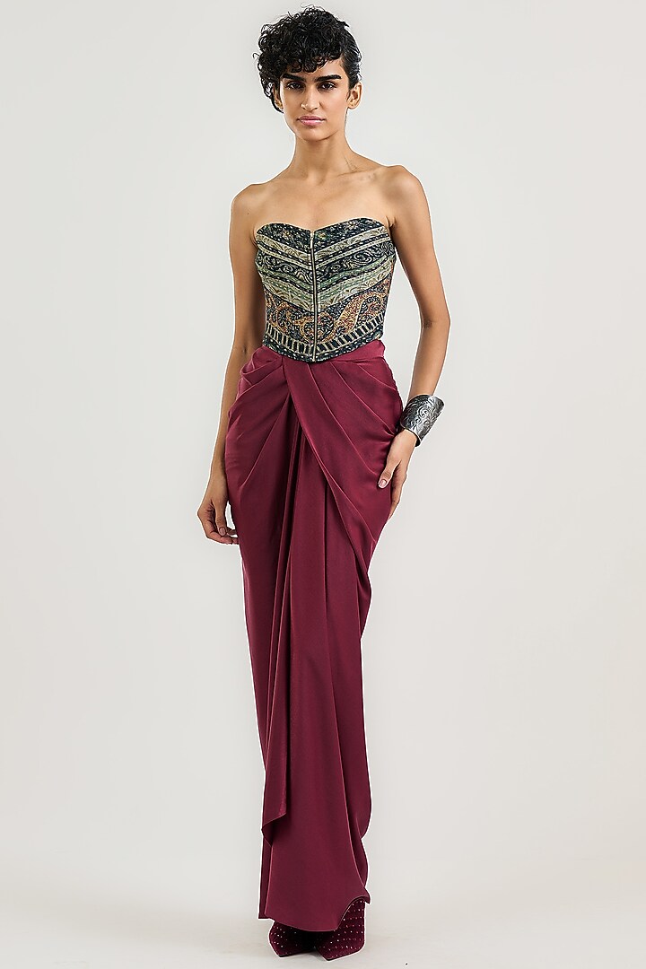 Black Viscose Jersey Jamawar Printed Corset by OTT by Tarun Tahiliani at Pernia's Pop Up Shop