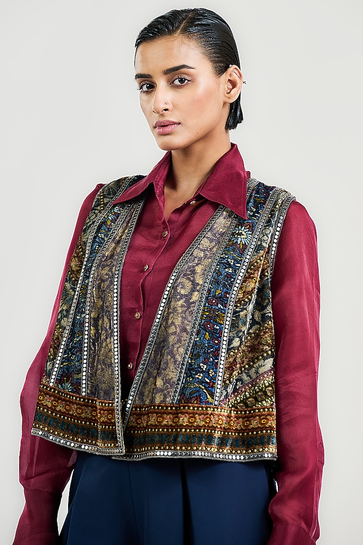 Multi-Colored Velvet Jamawar Printed Gilet by OTT by Tarun Tahiliani at Pernia's Pop Up Shop