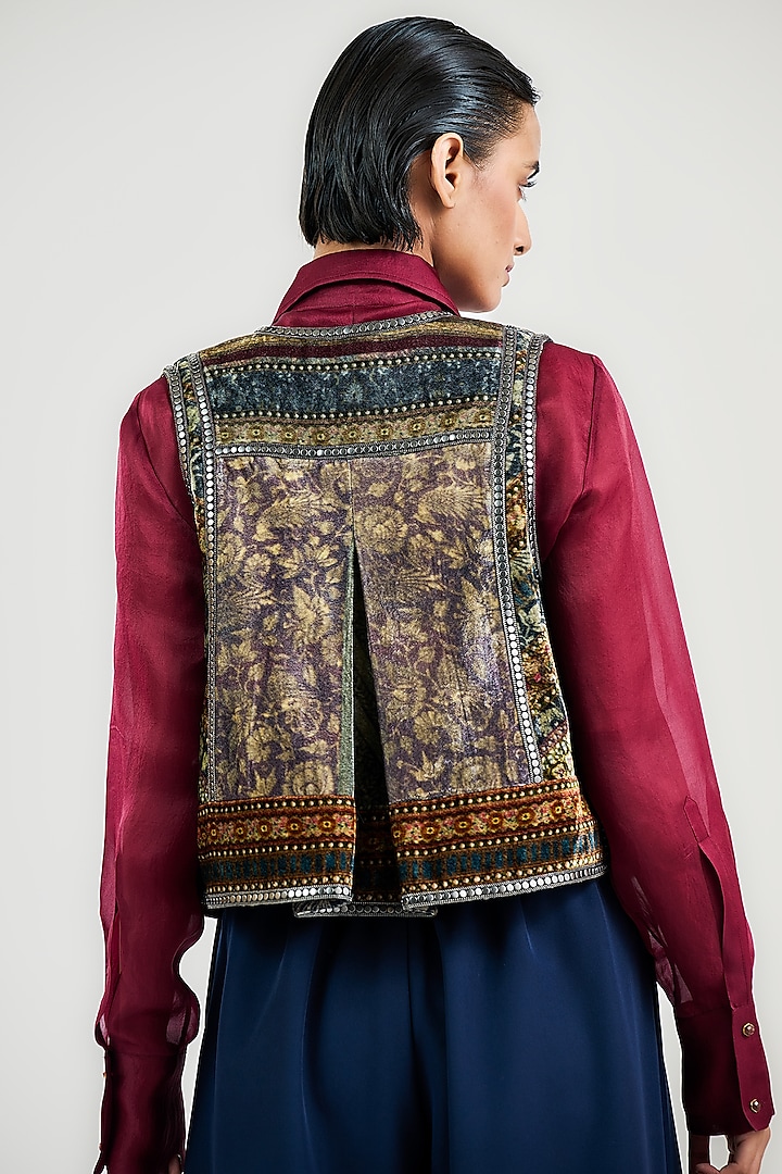 Multi-Colored Velvet Jamawar Printed Gilet by OTT by Tarun Tahiliani at Pernia's Pop Up Shop