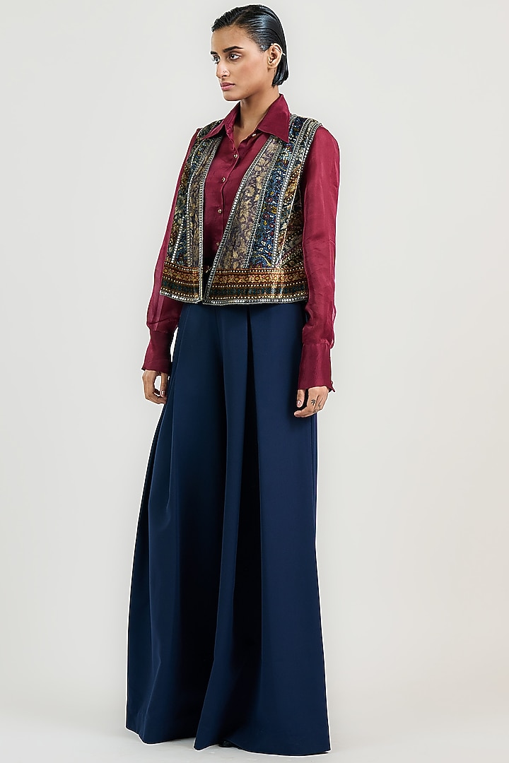 Multi-Colored Velvet Jamawar Printed Gilet by OTT by Tarun Tahiliani at Pernia's Pop Up Shop