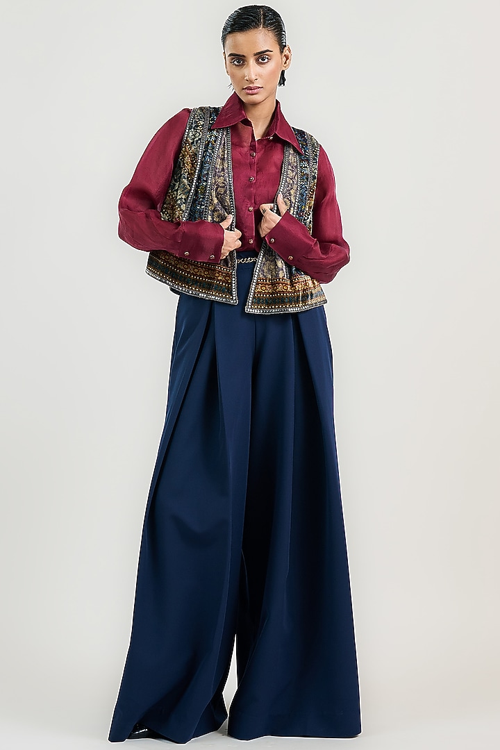 Multi-Colored Velvet Jamawar Printed Gilet by OTT by Tarun Tahiliani at Pernia's Pop Up Shop