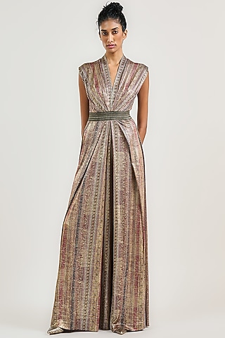 Multi-Colored Metallic Jersey Stripe Printed Pleated Jumpsuit by OTT by Tarun Tahiliani