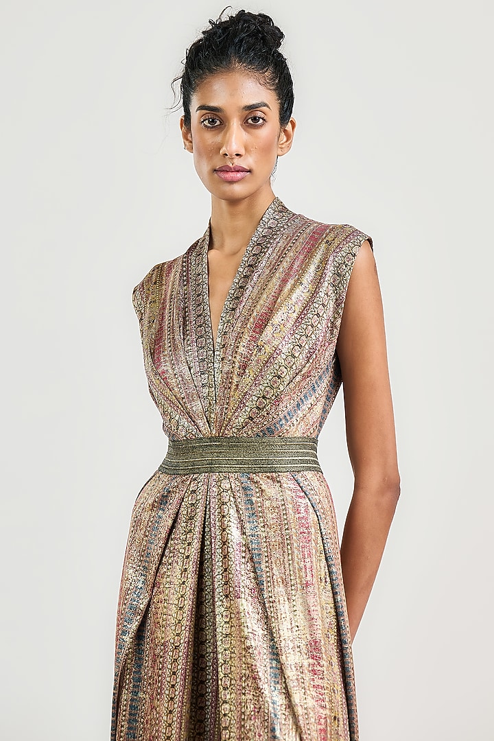 Multi-Colored Metallic Jersey Stripe Printed Pleated Jumpsuit by OTT by Tarun Tahiliani at Pernia's Pop Up Shop