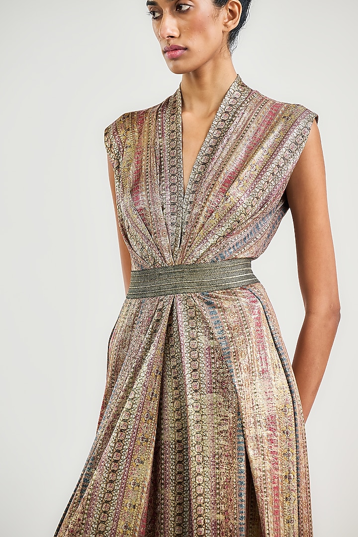 Multi-Colored Metallic Jersey Stripe Printed Pleated Jumpsuit by OTT by Tarun Tahiliani at Pernia's Pop Up Shop