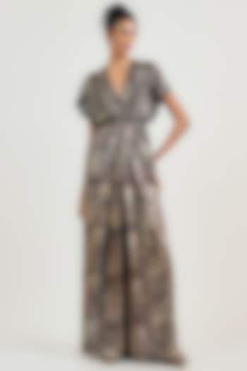 Black Metallic Jersey Printed Pleated Jumpsuit by OTT by Tarun Tahiliani at Pernia's Pop Up Shop