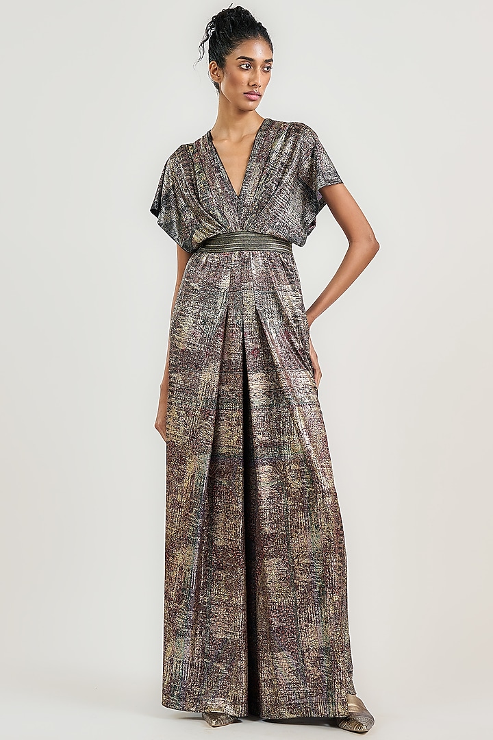 Black Metallic Jersey Printed Pleated Jumpsuit by OTT by Tarun Tahiliani at Pernia's Pop Up Shop