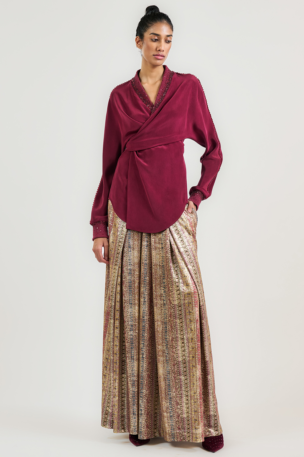 Multi-Colored Metallic Jersey Stripe Printed Trousers by OTT by Tarun Tahiliani at Pernia's Pop Up Shop