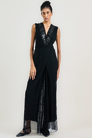 Black Crinkle Embroidered Jumpsuit by OTT by Tarun Tahiliani