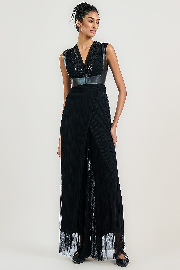 Black Crinkle Embroidered Jumpsuit by OTT by Tarun Tahiliani at Pernia's Pop Up Shop