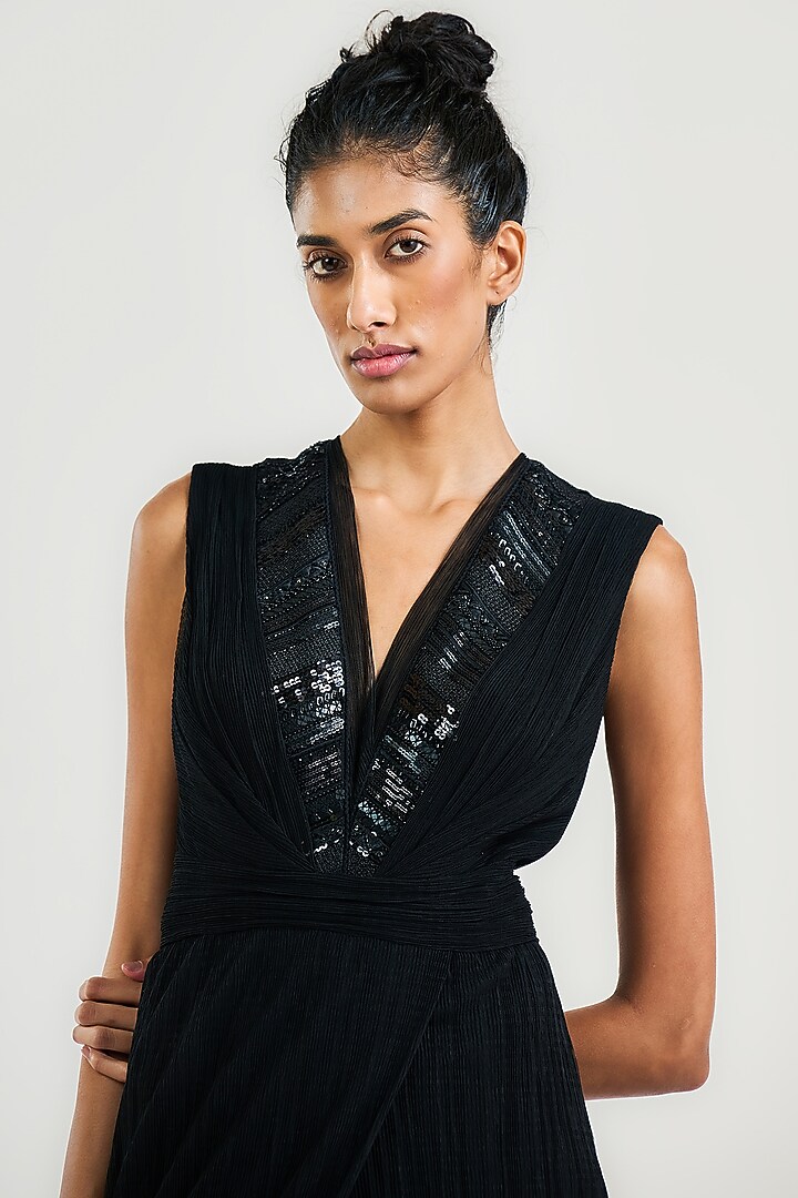 Black Crinkle Embroidered Jumpsuit by OTT by Tarun Tahiliani at Pernia's Pop Up Shop