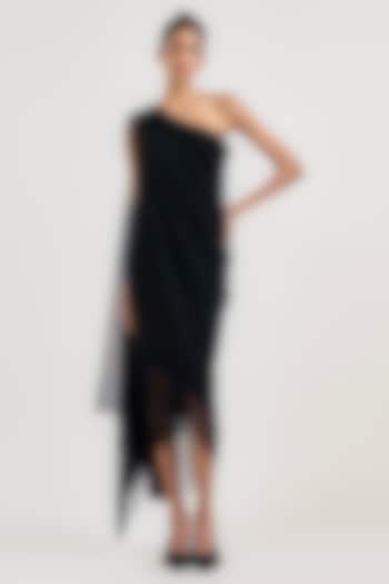 Black Crinkle Tulle Draped One-Shoulder Vacation Dress by OTT by Tarun Tahiliani at Pernia's Pop Up Shop