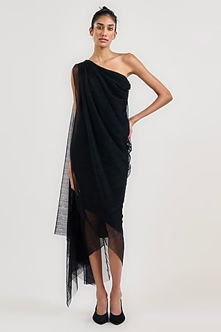Black Crinkle Tulle Draped One-Shoulder Dress by OTT by Tarun Tahiliani