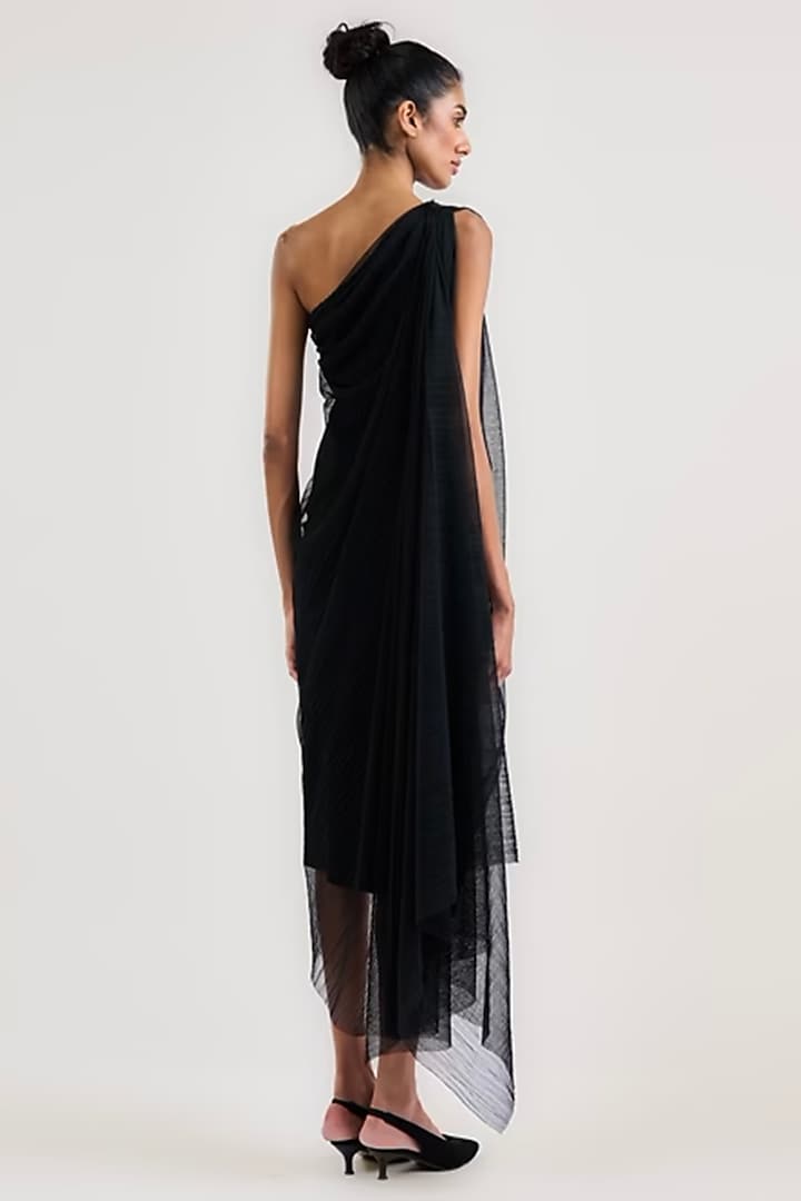 Black Crinkle Tulle Draped One-Shoulder Cocktail Dress by OTT by Tarun Tahiliani at Pernia's Pop Up Shop