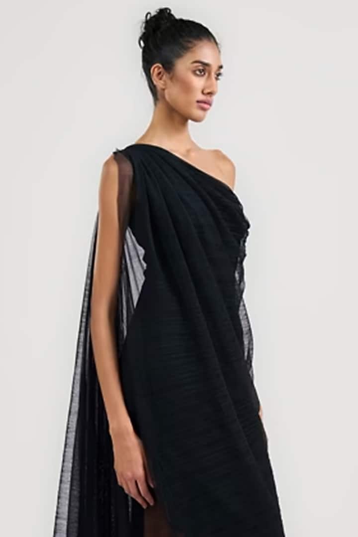 Black Crinkle Tulle Draped One-Shoulder Cocktail Dress by OTT by Tarun Tahiliani at Pernia's Pop Up Shop