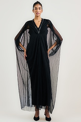 Black Sheer Crinkle Embroidered Kaftan by OTT by Tarun Tahiliani