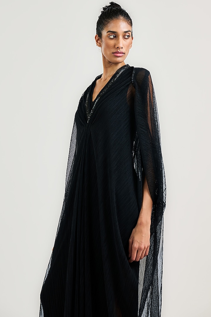 Black Sheer Crinkle Embroidered Kaftan by OTT by Tarun Tahiliani at Pernia's Pop Up Shop