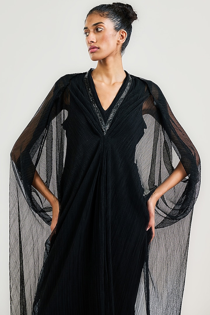 Black Sheer Crinkle Embroidered Kaftan by OTT by Tarun Tahiliani at Pernia's Pop Up Shop