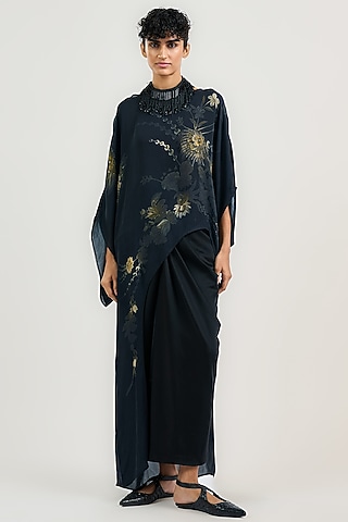 Black Silk Georgette Printed Asymmetric Top by OTT by Tarun Tahiliani