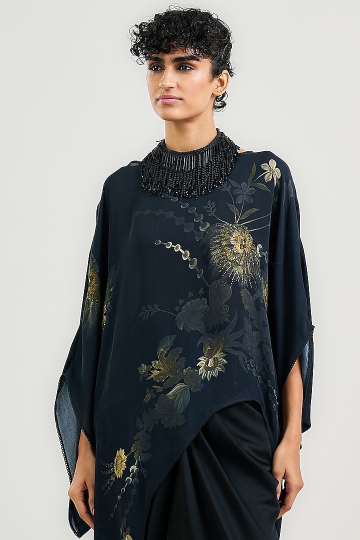 Black Silk Georgette Printed Asymmetric Top by OTT by Tarun Tahiliani at Pernia's Pop Up Shop