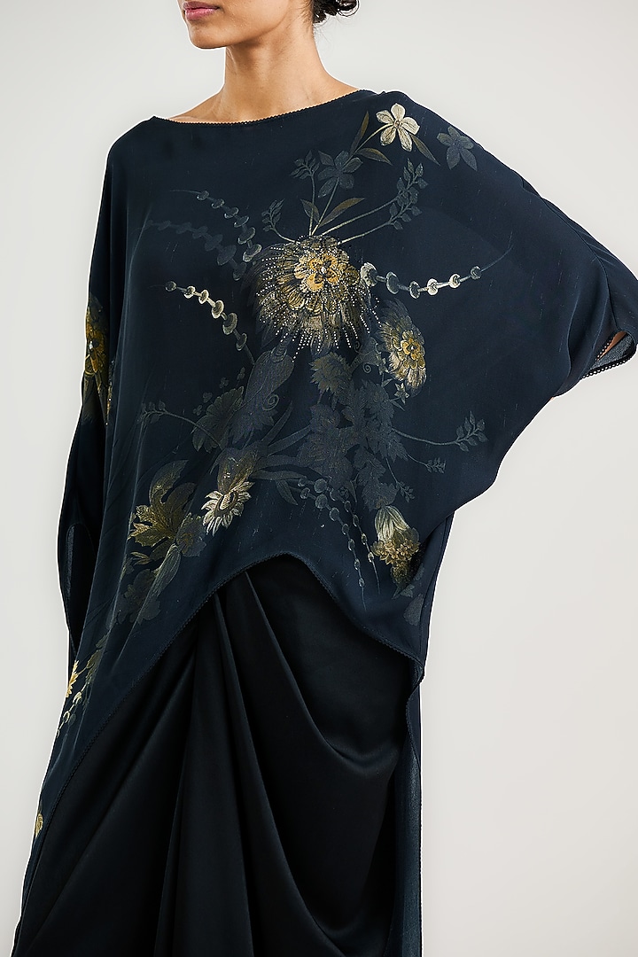 Black Silk Georgette Printed Asymmetric Top by OTT by Tarun Tahiliani at Pernia's Pop Up Shop
