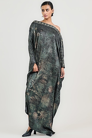 Black Metallic Jersey Printed Kaftan by OTT by Tarun Tahiliani