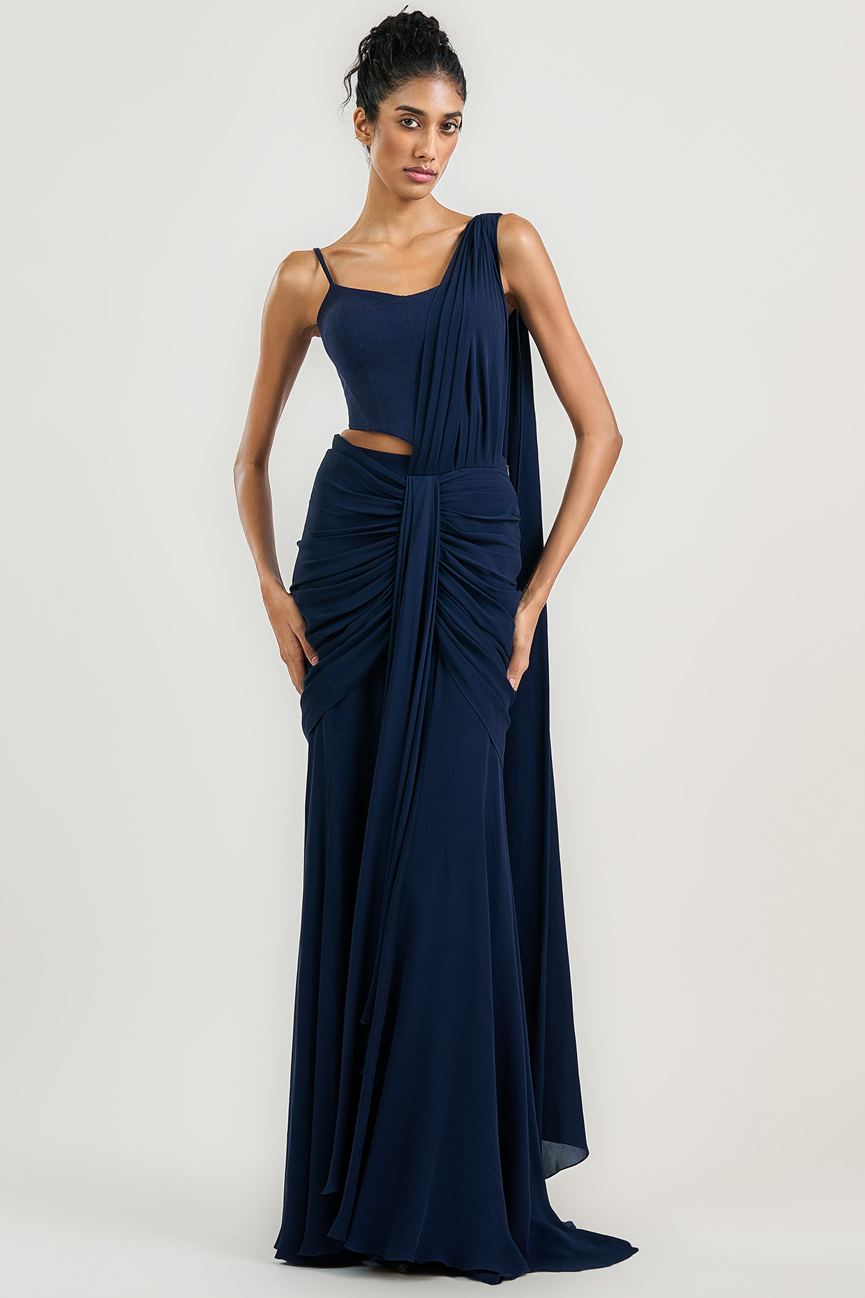 Navy Silk Double Georgette Draped Skirt Wedding Saree by OTT by Tarun Tahiliani at Pernia's Pop Up Shop