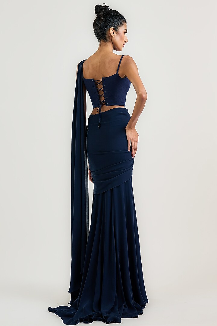 Navy Silk Double Georgette Draped Skirt Wedding Saree by OTT by Tarun Tahiliani at Pernia's Pop Up Shop