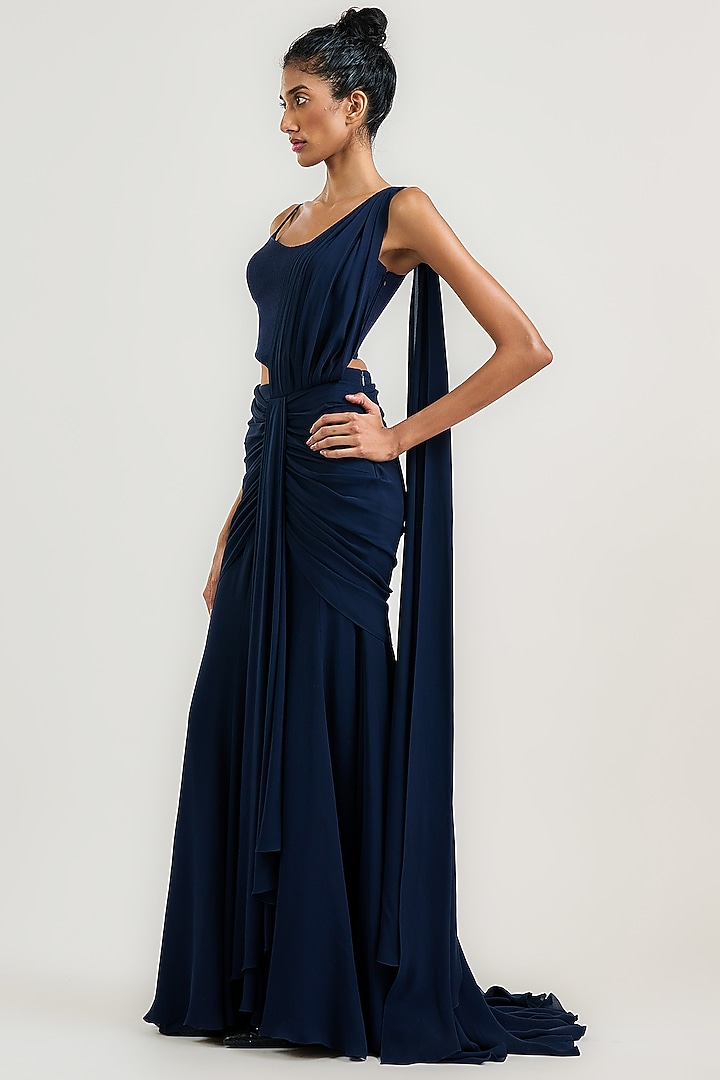 Navy Silk Double Georgette Draped Skirt Wedding Saree by OTT by Tarun Tahiliani at Pernia's Pop Up Shop