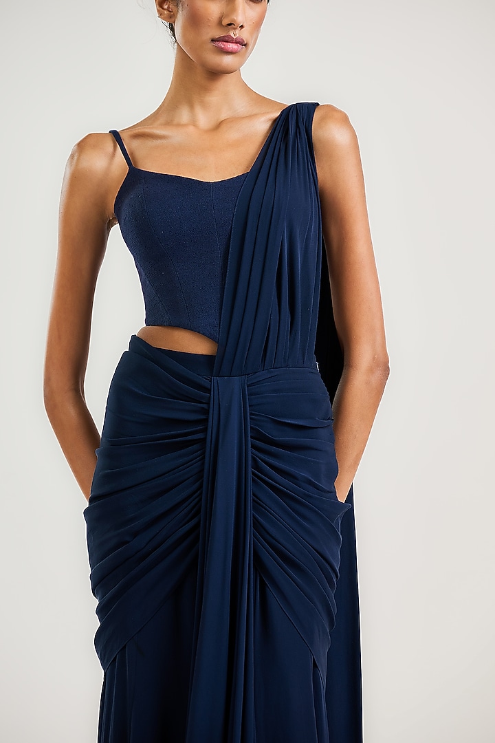 Navy Silk Double Georgette Draped Skirt Wedding Saree by OTT by Tarun Tahiliani at Pernia's Pop Up Shop