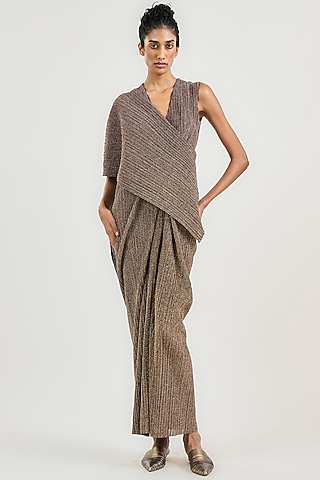 Gold Crinkle Draped Maxi Dress by OTT by Tarun Tahiliani