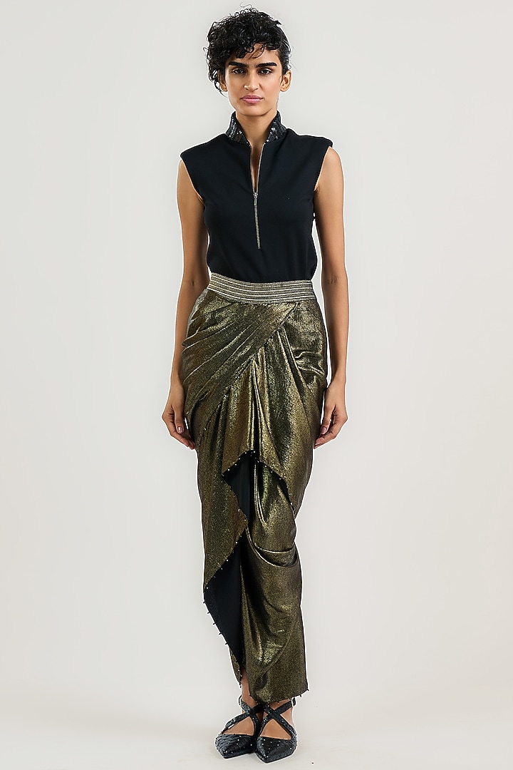 Black Metallic Jersey Draped Maxi Skirt by OTT by Tarun Tahiliani at Pernia's Pop Up Shop