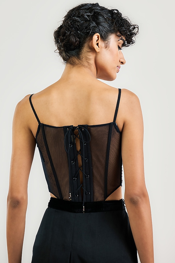 Black Tulle Kashmiri Embroidered Corset Bodysuit by OTT by Tarun Tahiliani at Pernia's Pop Up Shop