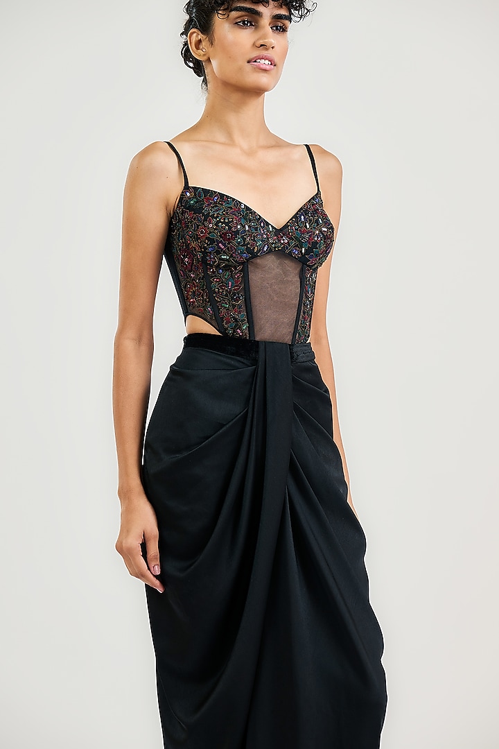Black Tulle Kashmiri Embroidered Corset Bodysuit by OTT by Tarun Tahiliani at Pernia's Pop Up Shop