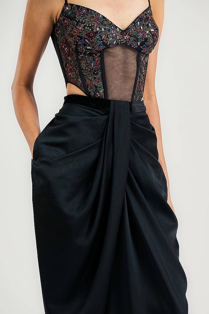 Black Tulle Kashmiri Embroidered Corset Bodysuit by OTT by Tarun Tahiliani at Pernia's Pop Up Shop