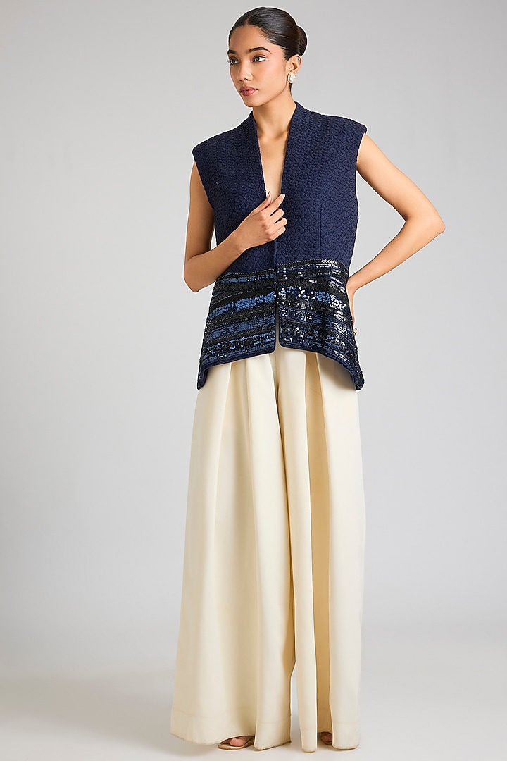 Blue Handwoven Cotton Tonal Bead Embroidered Gilet by OTT by Tarun Tahiliani at Pernia's Pop Up Shop