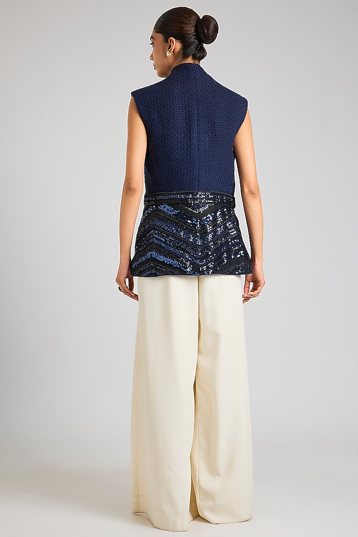 Blue Handwoven Cotton Tonal Bead Embroidered Gilet by OTT by Tarun Tahiliani at Pernia's Pop Up Shop
