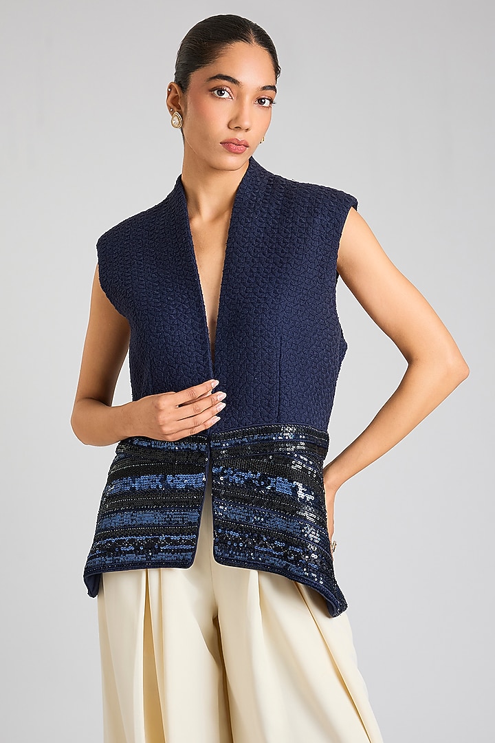 Blue Handwoven Cotton Tonal Bead Embroidered Gilet by OTT by Tarun Tahiliani at Pernia's Pop Up Shop