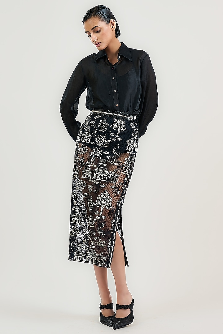 Black Nylon Tulle Monochrome Lace Embroidered Midi Skirt by OTT by Tarun Tahiliani at Pernia's Pop Up Shop