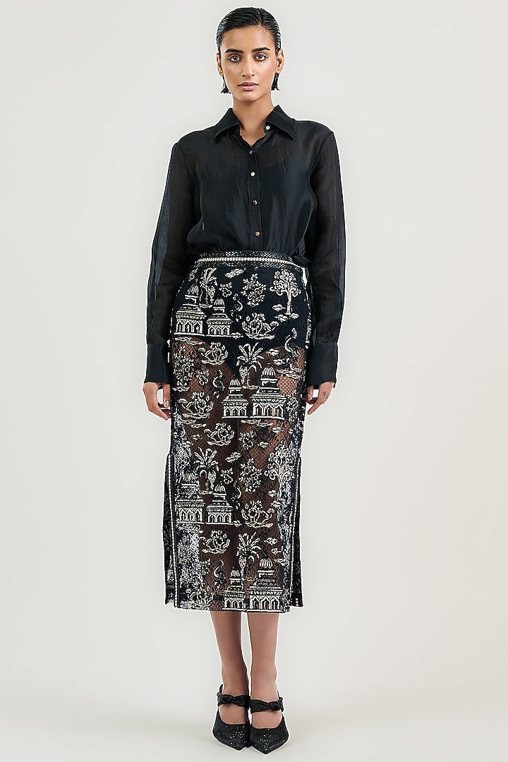 Black Nylon Tulle Monochrome Lace Embroidered Midi Skirt by OTT by Tarun Tahiliani at Pernia's Pop Up Shop