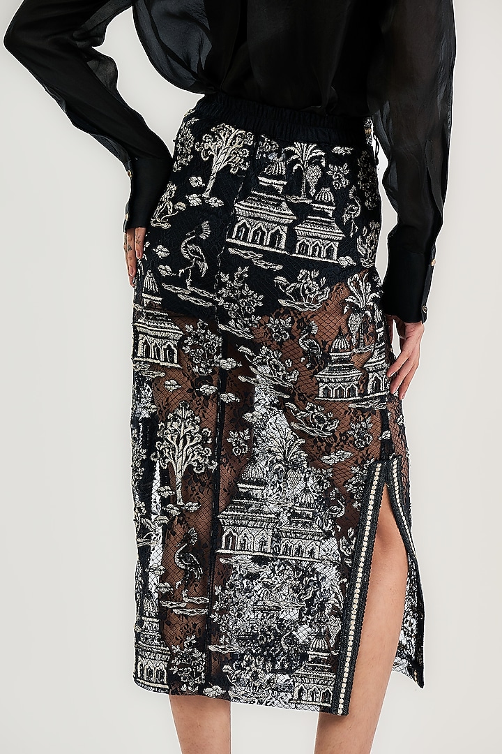 Black Nylon Tulle Monochrome Lace Embroidered Midi Skirt by OTT by Tarun Tahiliani at Pernia's Pop Up Shop