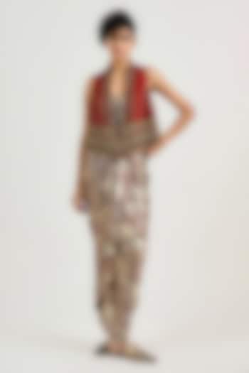 Rust Silk & Viscose Velvet Printed Gilet by OTT by Tarun Tahiliani at Pernia's Pop Up Shop