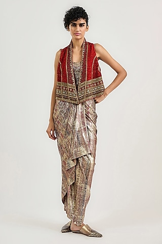 Rust Silk & Viscose Velvet Printed Gilet by OTT by Tarun Tahiliani